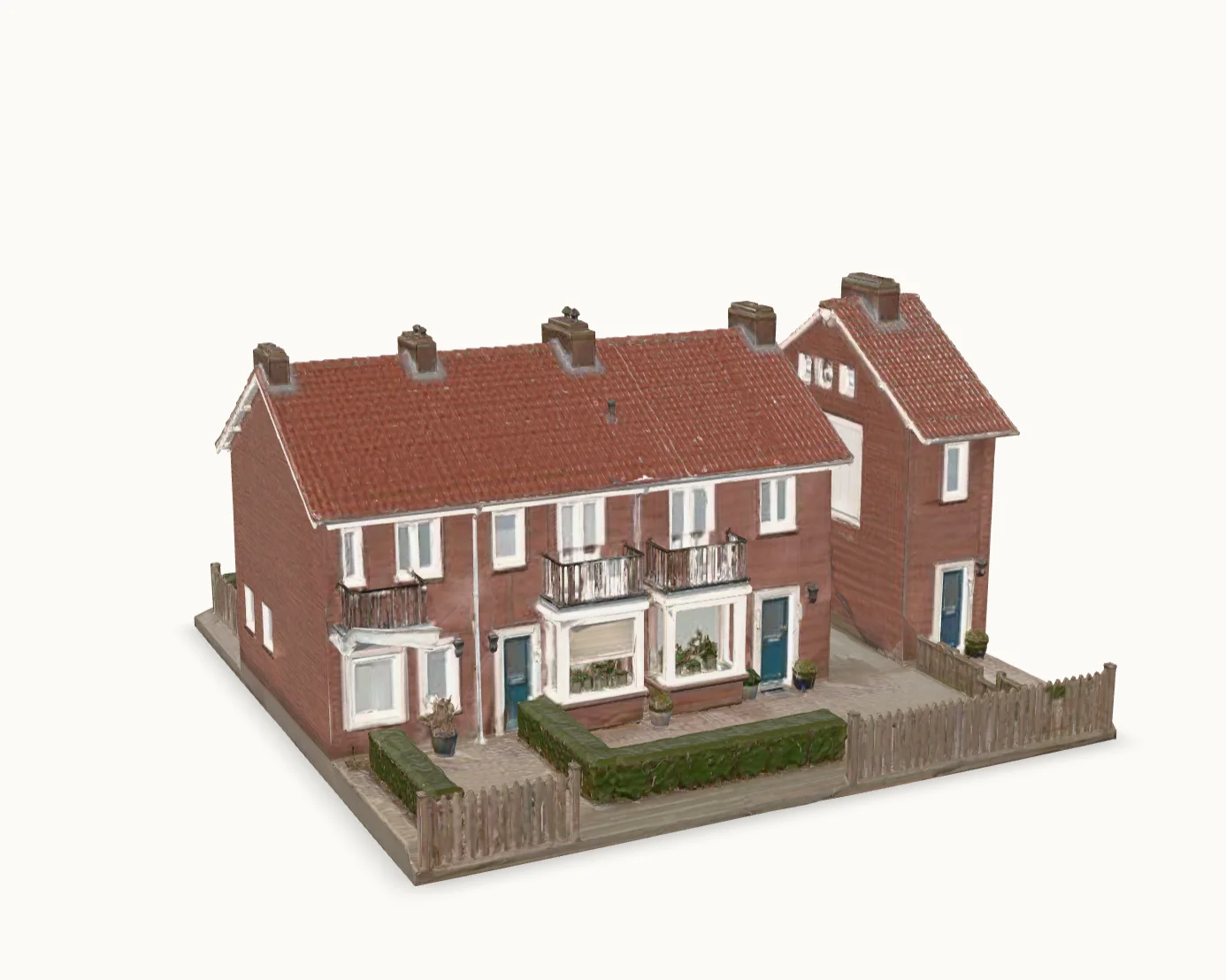 3D-model van een Nederlandse tussenwoning, gezien vanaf de straatkant
