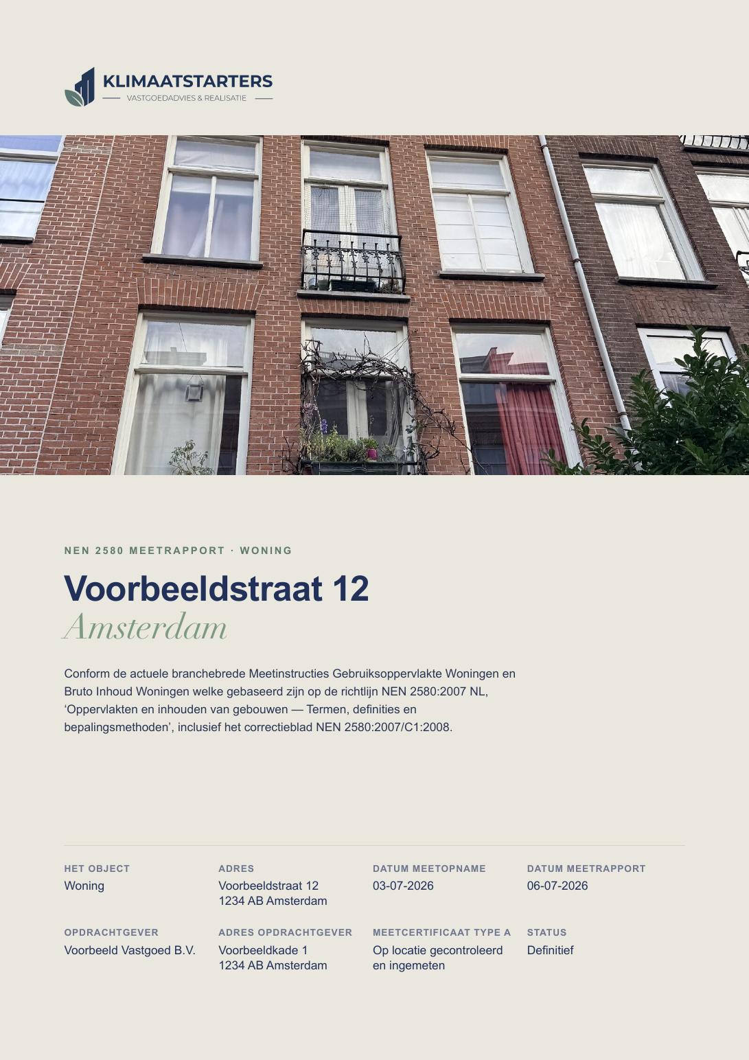 Voorblad van het NEN 2580-meetrapport voor een voorbeeldwoning