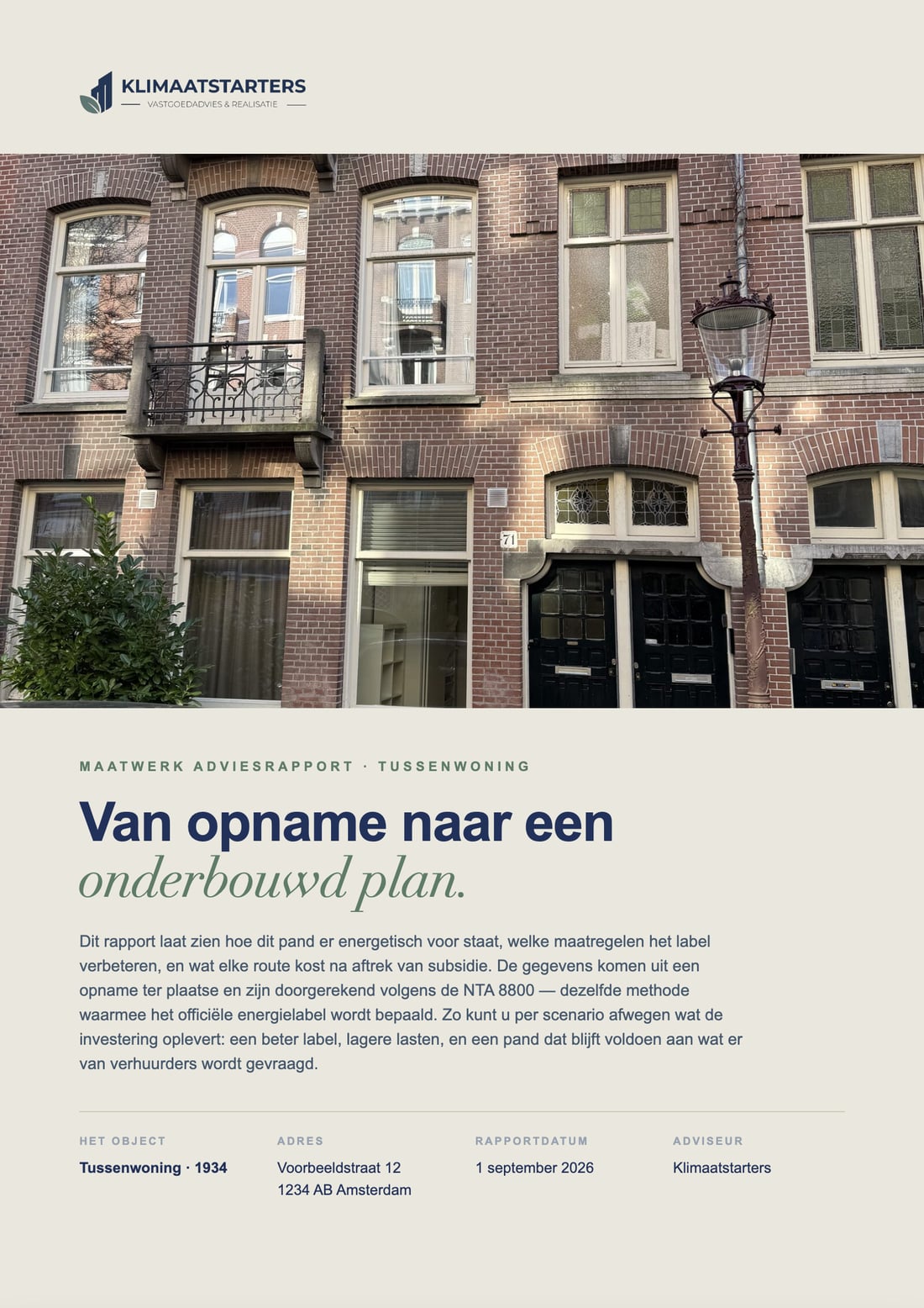 Voorblad van een adviesrapport van Klimaatstarters voor een voorbeeldwoning in Amsterdam